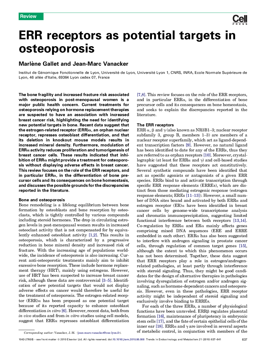 ERR receptors as potential targets in osteoporosis