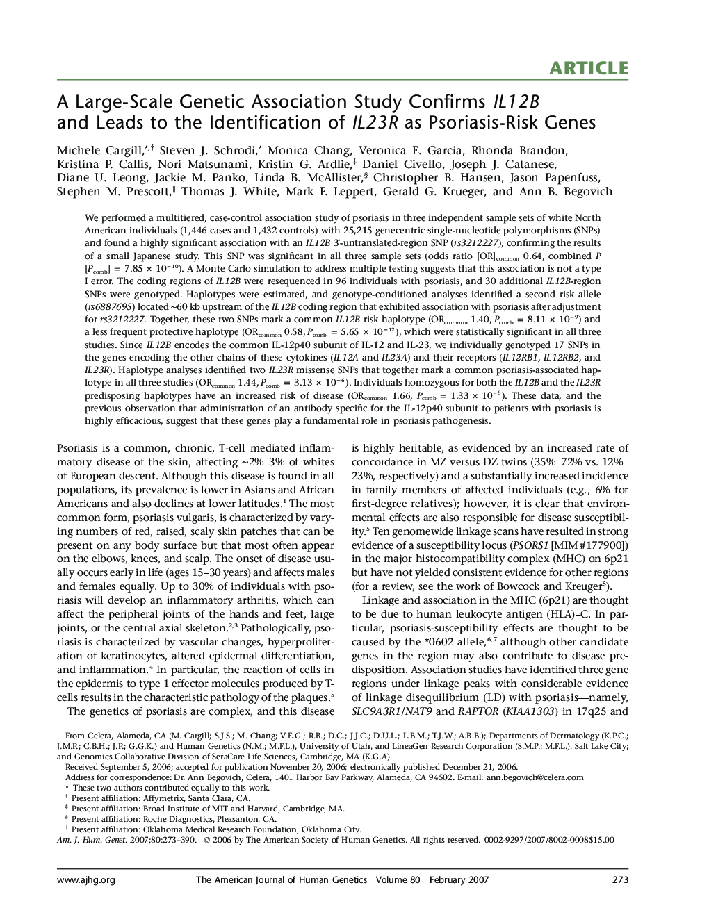 A Large-Scale Genetic Association Study Confirms IL12B and Leads to the Identification of IL23R as Psoriasis-Risk Genes