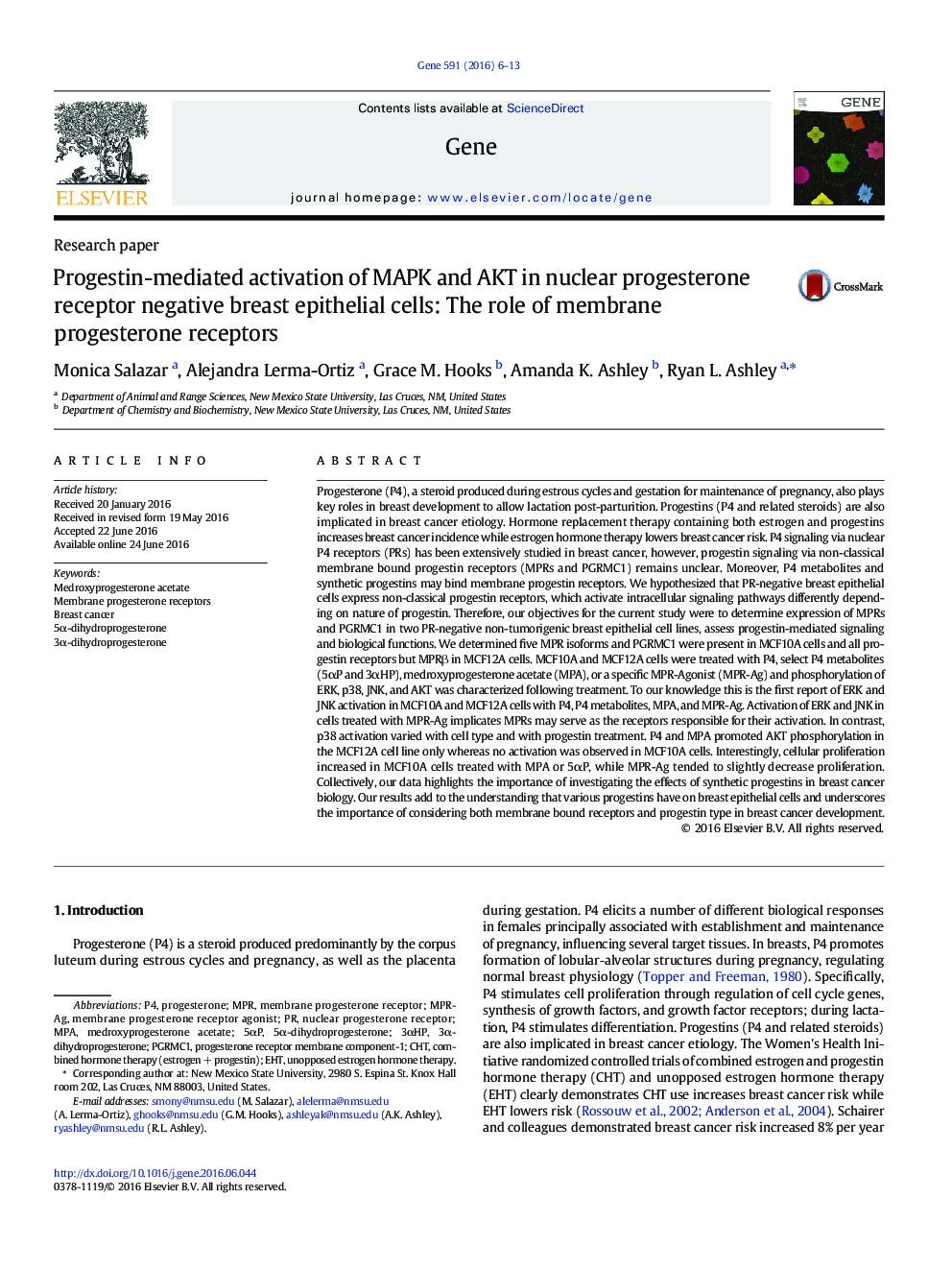 Progestin-mediated activation of MAPK and AKT in nuclear progesterone receptor negative breast epithelial cells: The role of membrane progesterone receptors