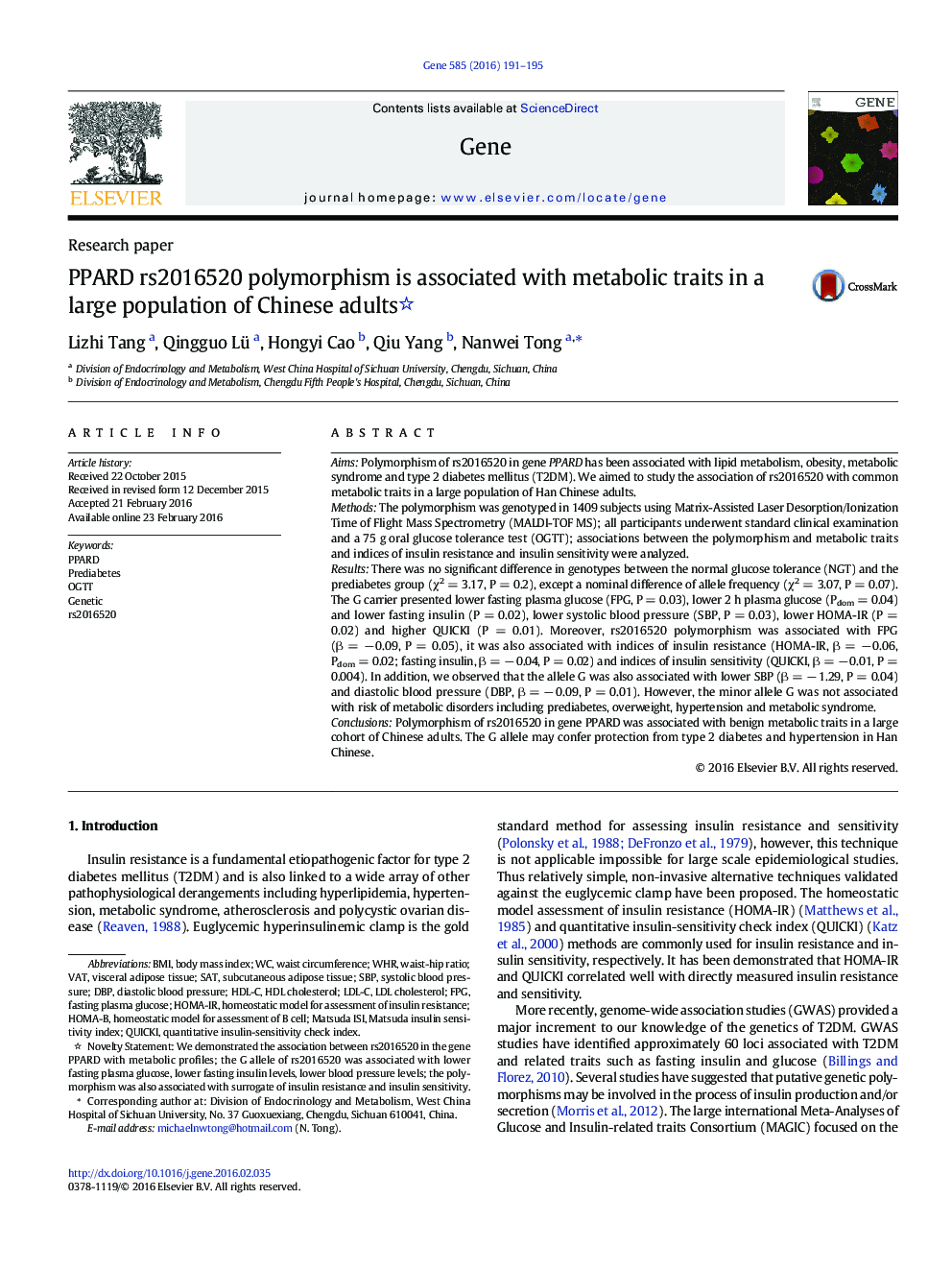 PPARD rs2016520 polymorphism is associated with metabolic traits in a large population of Chinese adults 