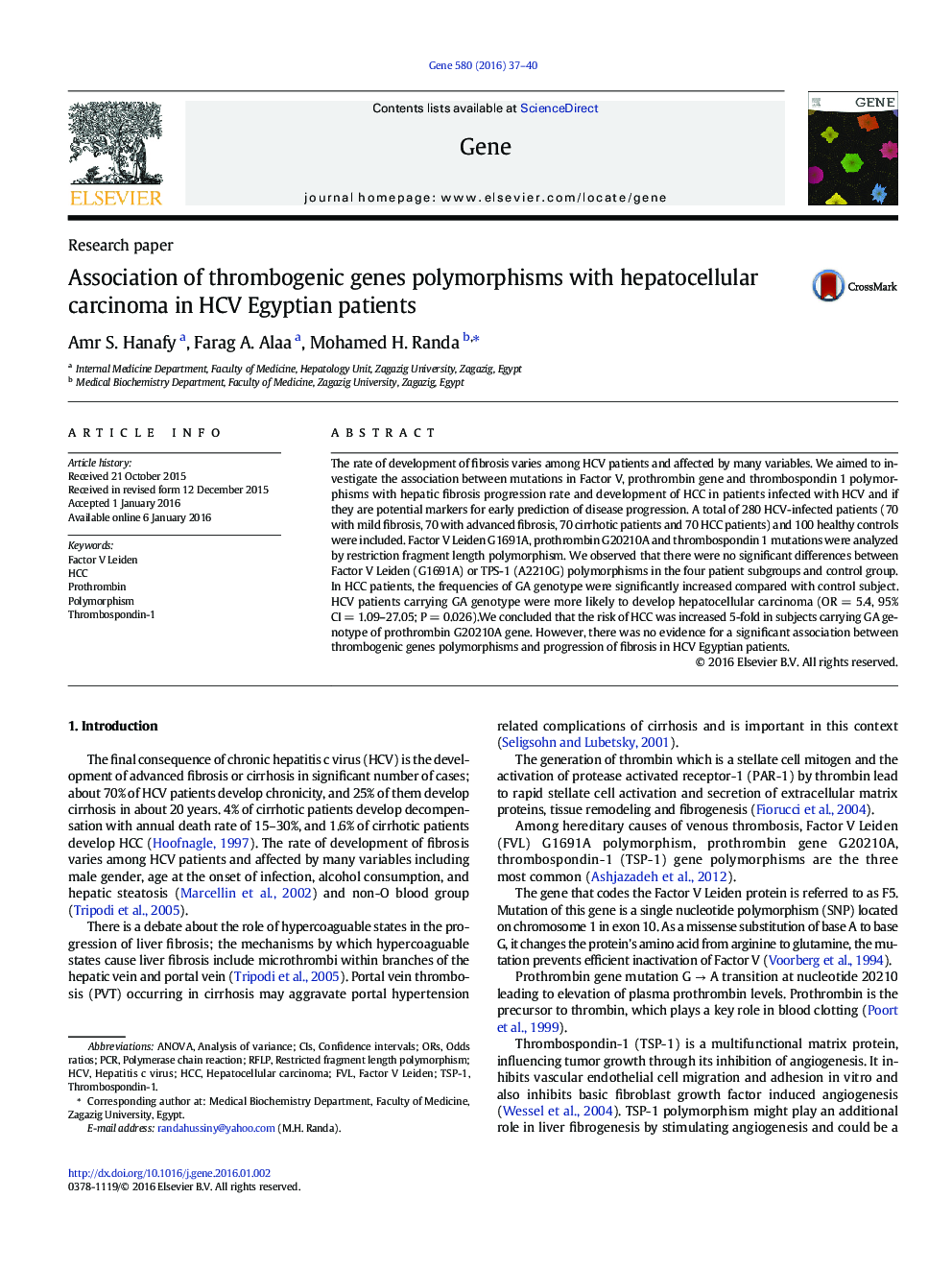 ارتباط پلی مورفیسم ژن های ترومبوزیک با کارسینوم هپاتوسلولار در بیماران HCV مصری