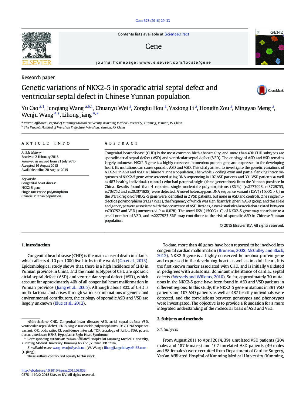 Genetic variations of NKX2-5 in sporadic atrial septal defect and ventricular septal defect in Chinese Yunnan population