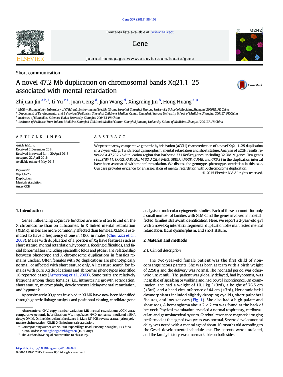 A novel 47.2 Mb duplication on chromosomal bands Xq21.1–25 associated with mental retardation