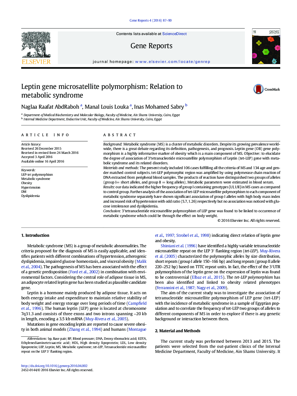 پلی مورفیسم ریزماهواره ژن لپتین: ارتباط با سندرم متابولیک