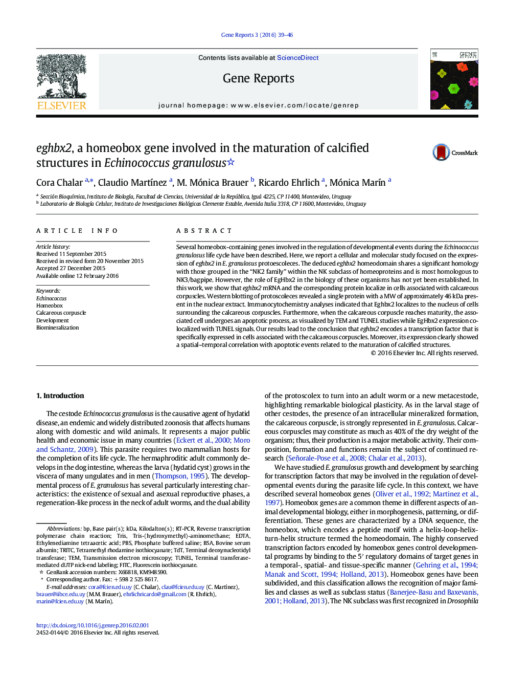 eghbx2, a homeobox gene involved in the maturation of calcified structures in Echinococcus granulosus 