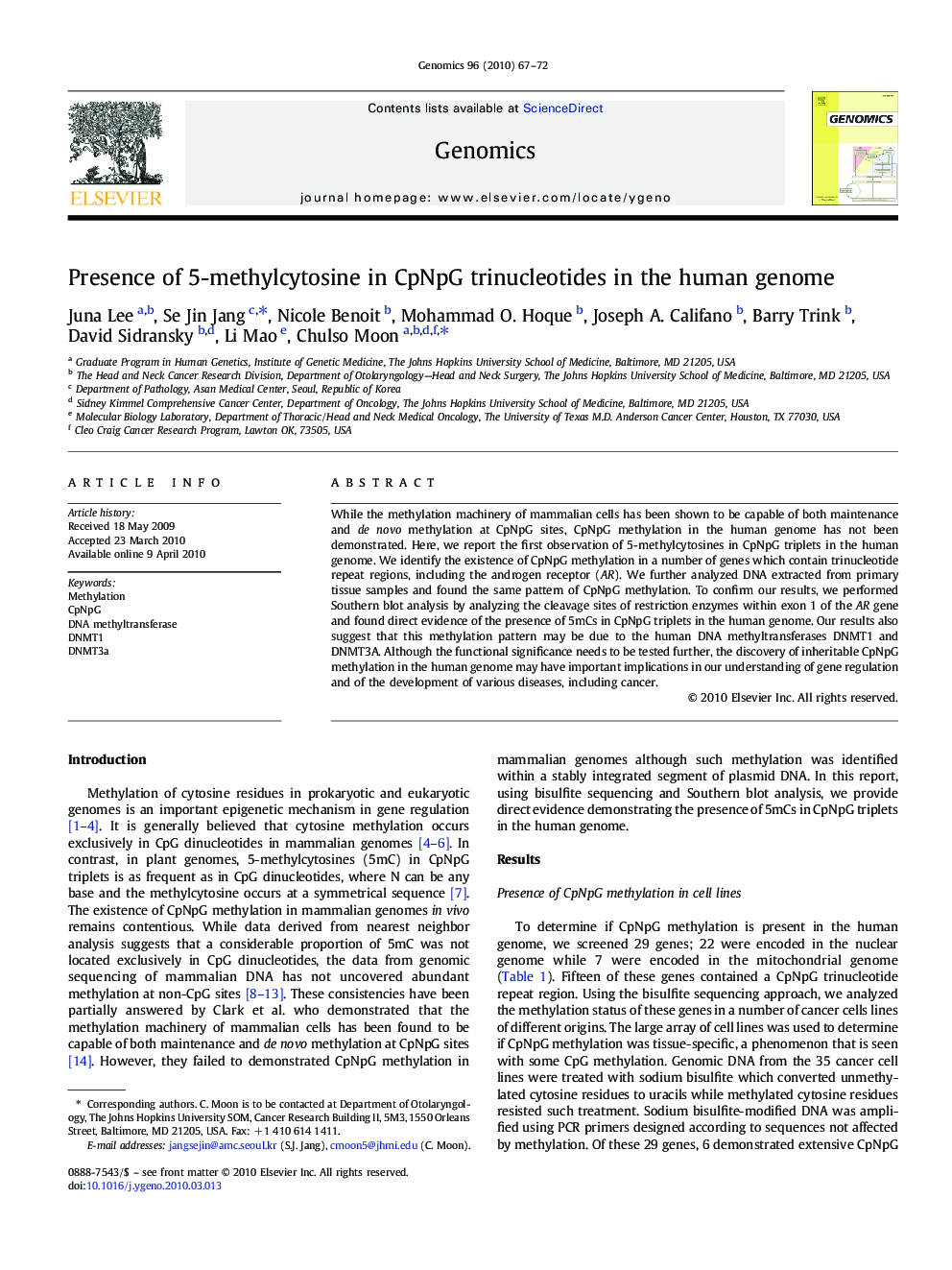 Presence of 5-methylcytosine in CpNpG trinucleotides in the human genome