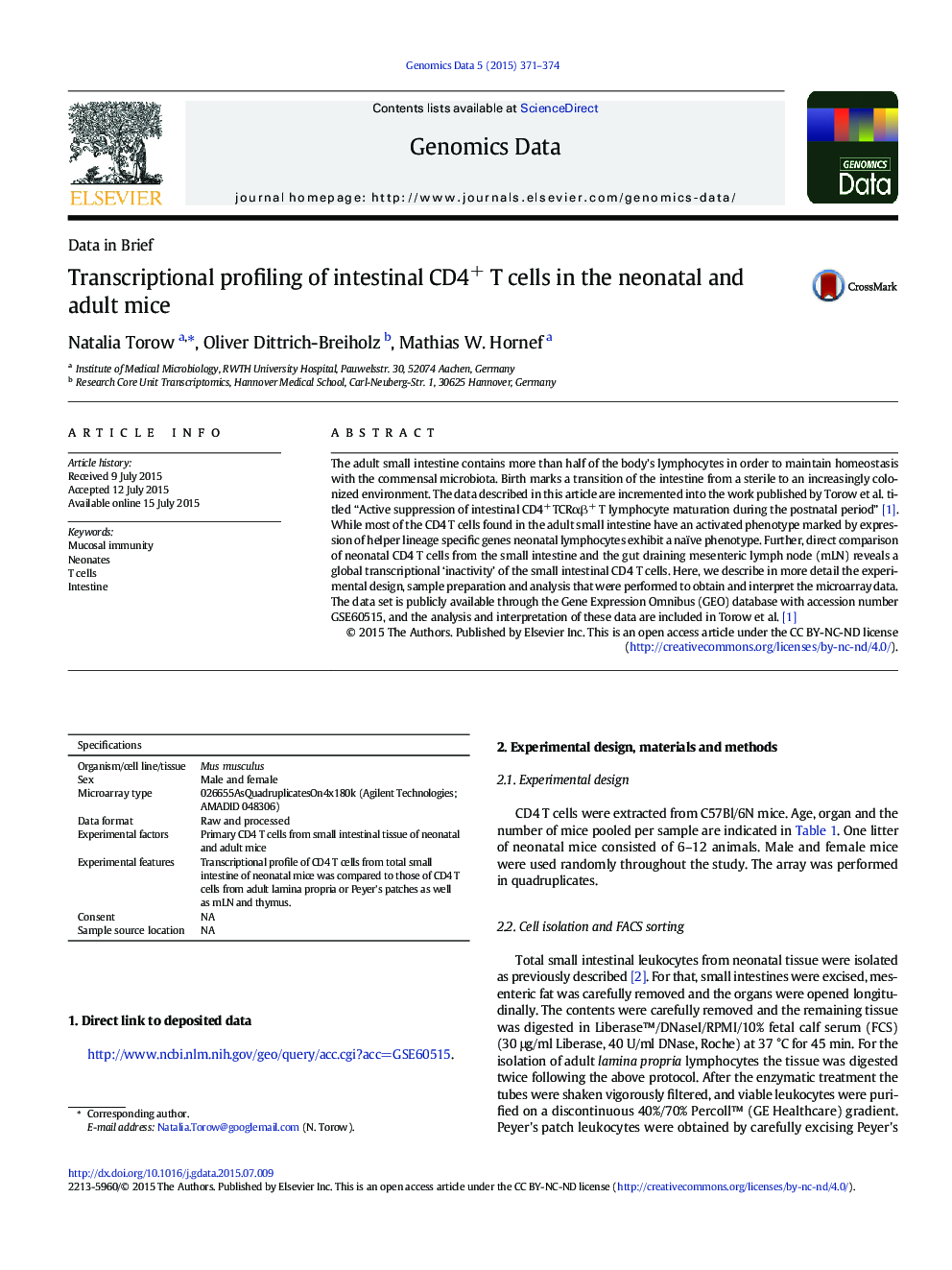 Transcriptional profiling of intestinal CD4+ T cells in the neonatal and adult mice