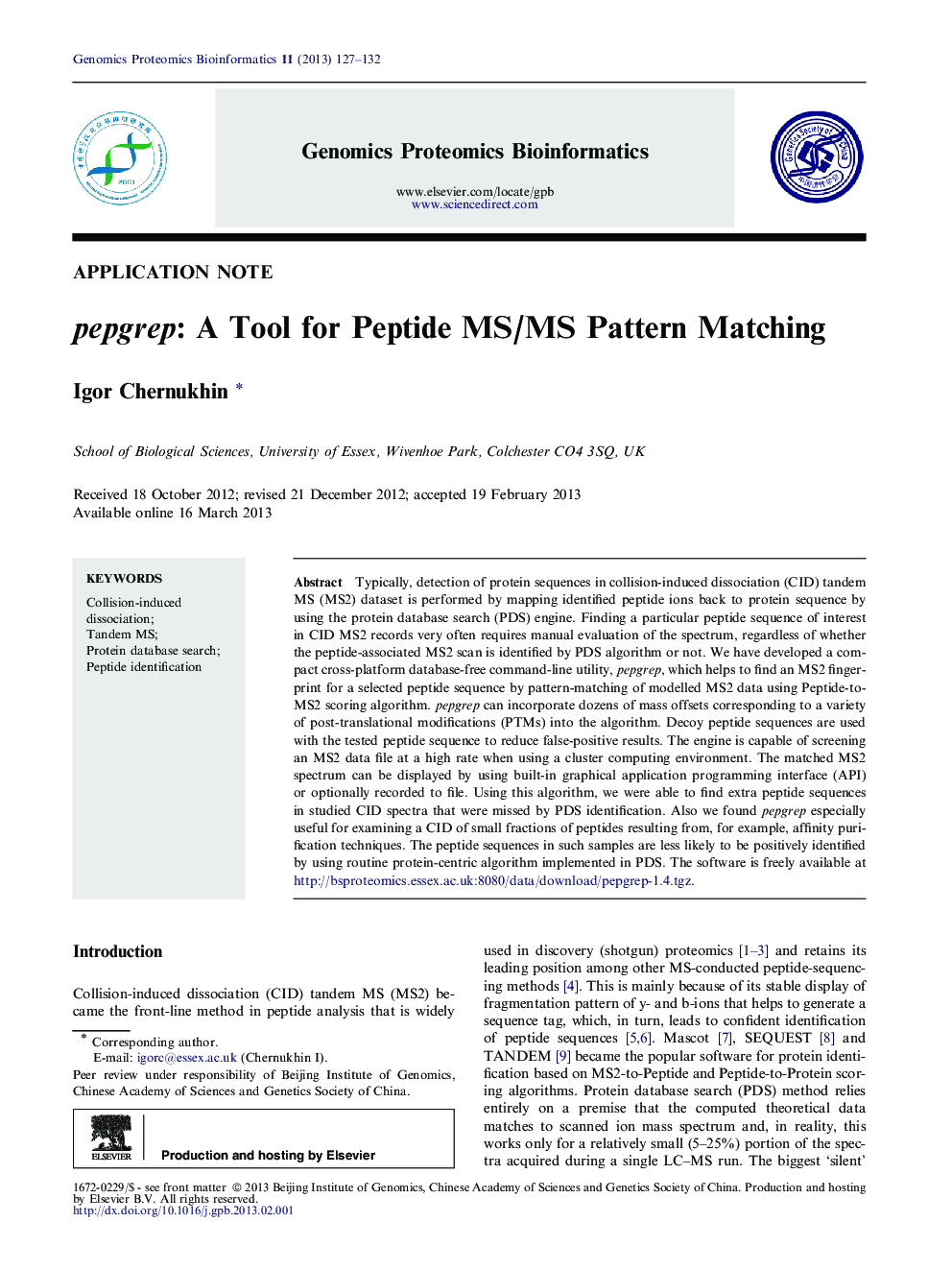 pepgrep: A Tool for Peptide MS/MS Pattern Matching 