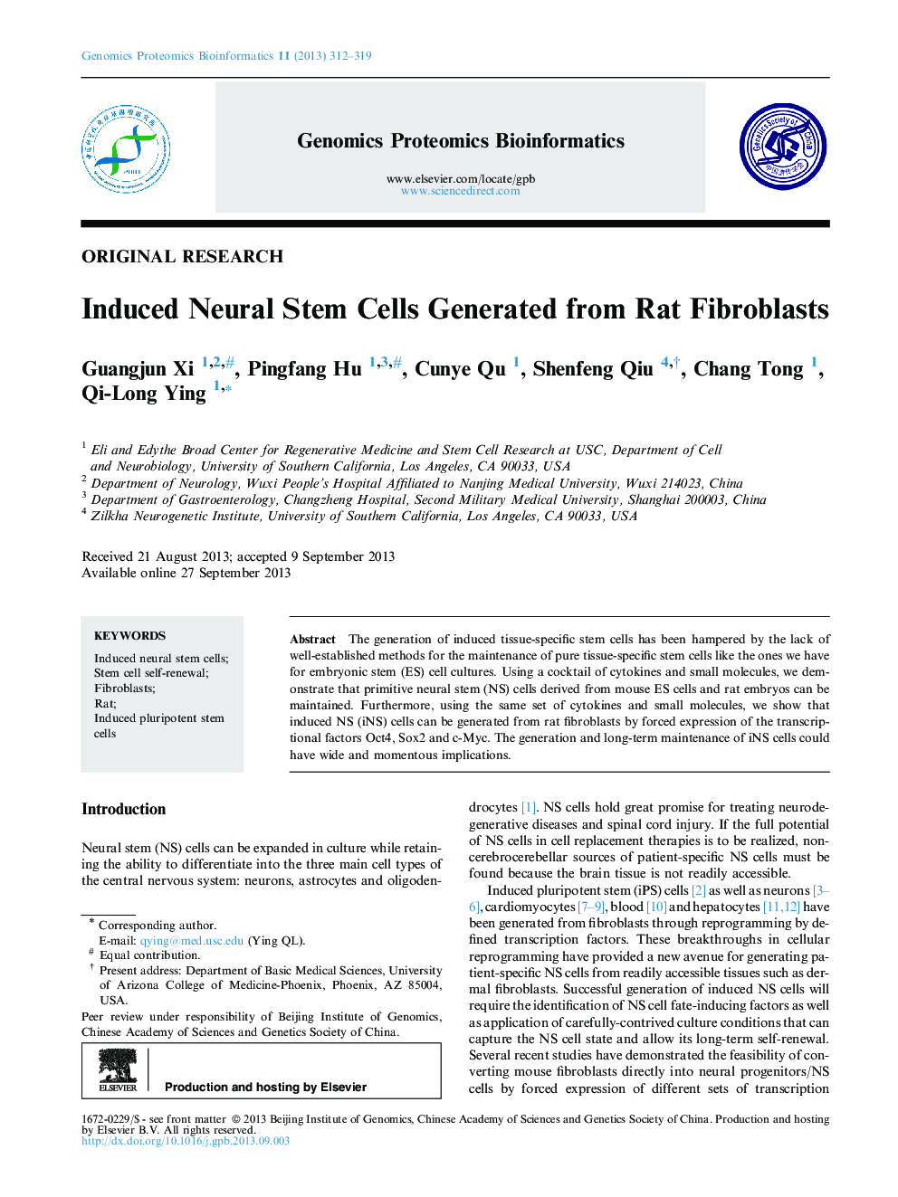 Induced Neural Stem Cells Generated from Rat Fibroblasts 