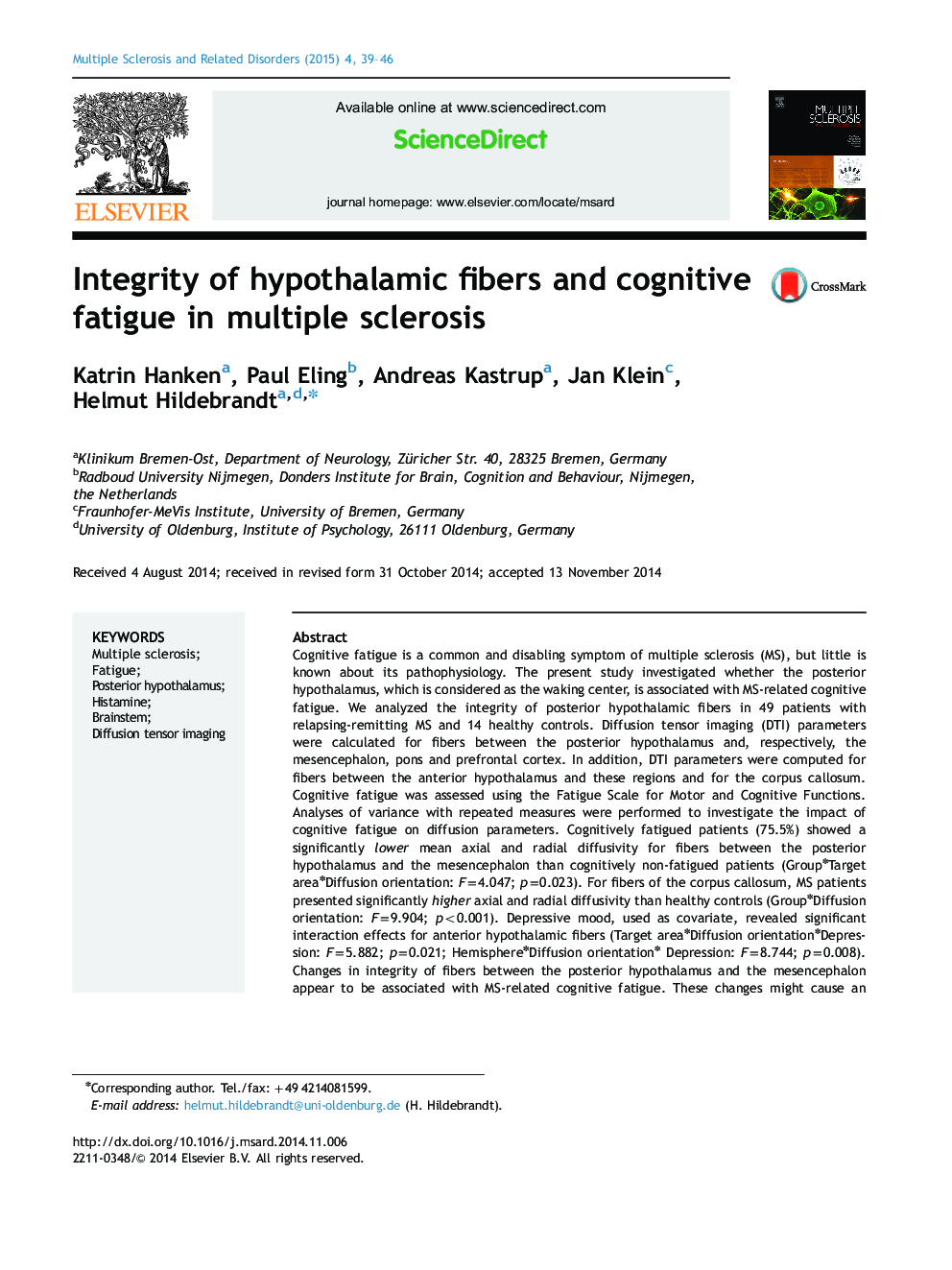 یکپارچگی فیبرهای هیپوتالامیک و خستگی شناختی در مولتیپل اسکلروزیس 