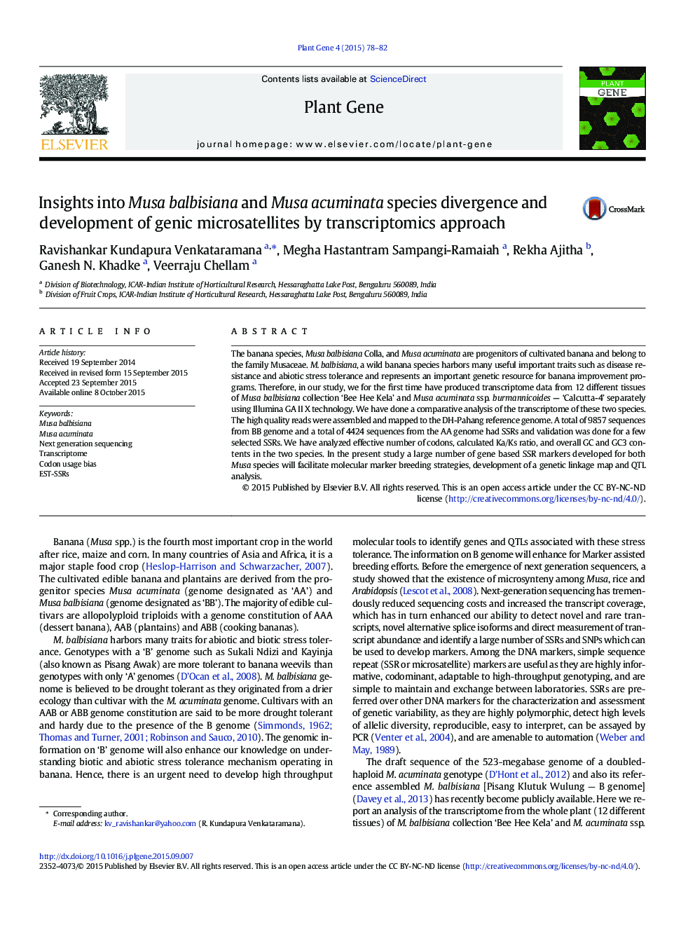 Insights into Musa balbisiana and Musa acuminata species divergence and development of genic microsatellites by transcriptomics approach