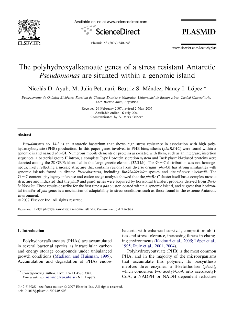 The polyhydroxyalkanoate genes of a stress resistant Antarctic Pseudomonas are situated within a genomic island