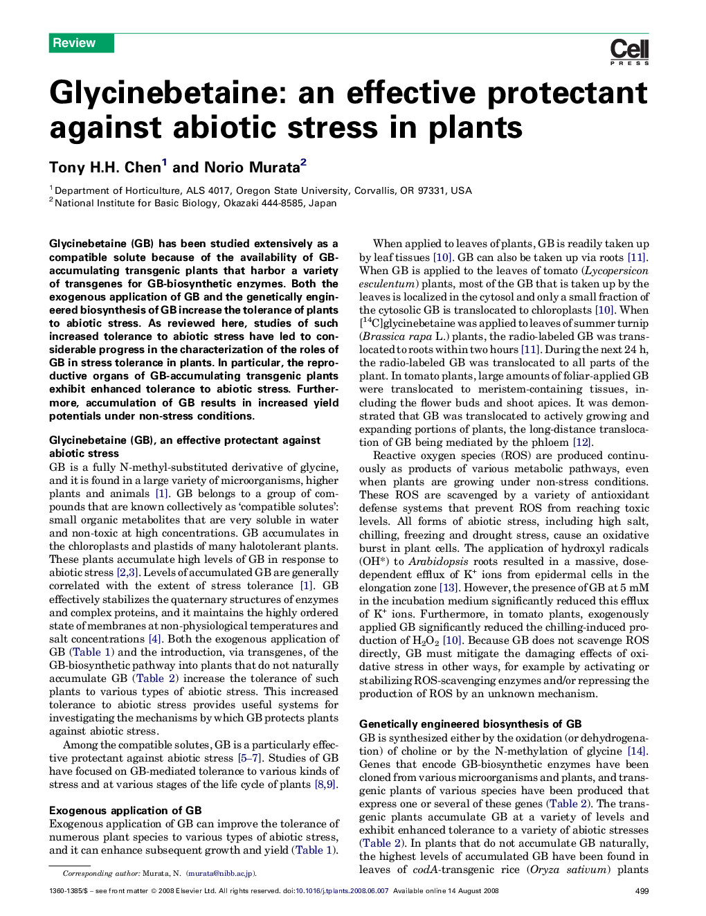 Glycinebetaine: an effective protectant against abiotic stress in plants