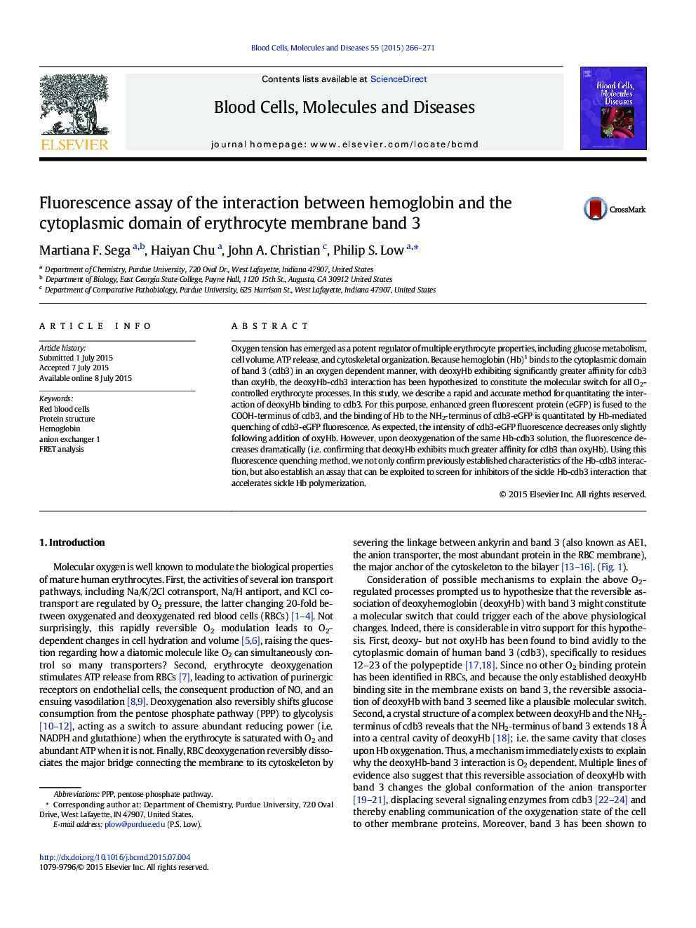 بررسی فلورسانس اثر متقابل هموگلوبین و دامنه سیتوپلاسمی باند غشای اریتروسیت 3 