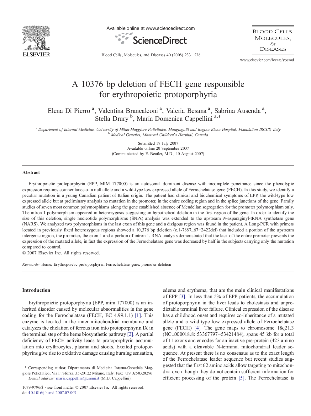 A 10376 bp deletion of FECH gene responsible for erythropoietic protoporphyria