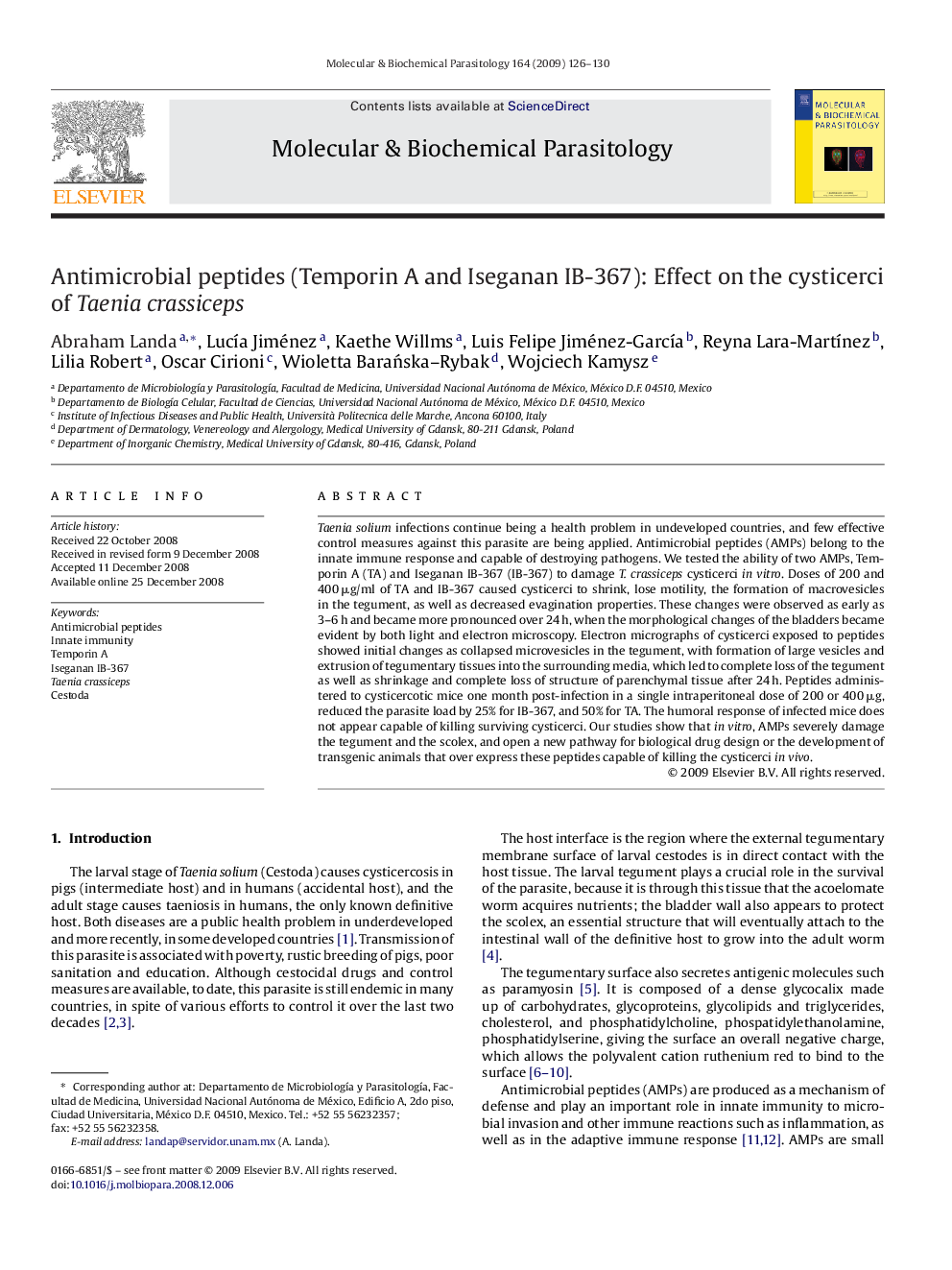 Antimicrobial peptides (Temporin A and Iseganan IB-367): Effect on the cysticerci of Taenia crassiceps