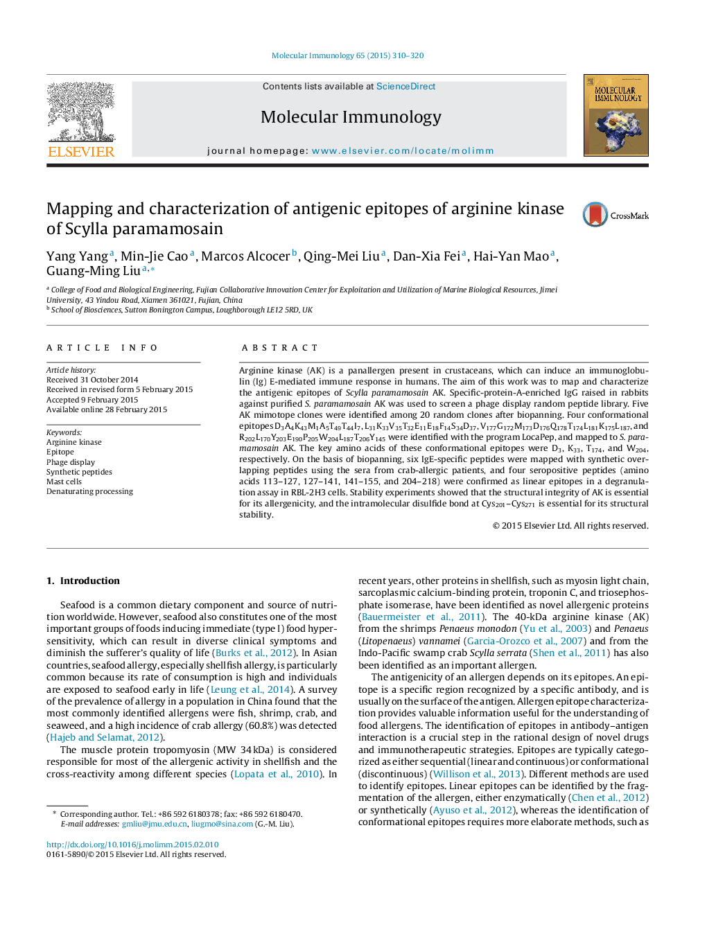 Mapping and characterization of antigenic epitopes of arginine kinase of Scylla paramamosain