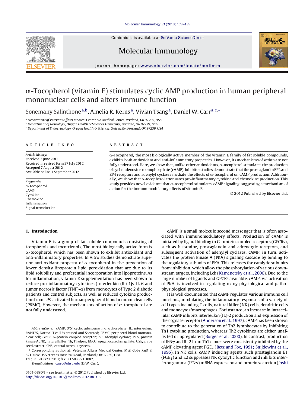 α-Tocopherol (vitamin E) stimulates cyclic AMP production in human peripheral mononuclear cells and alters immune function