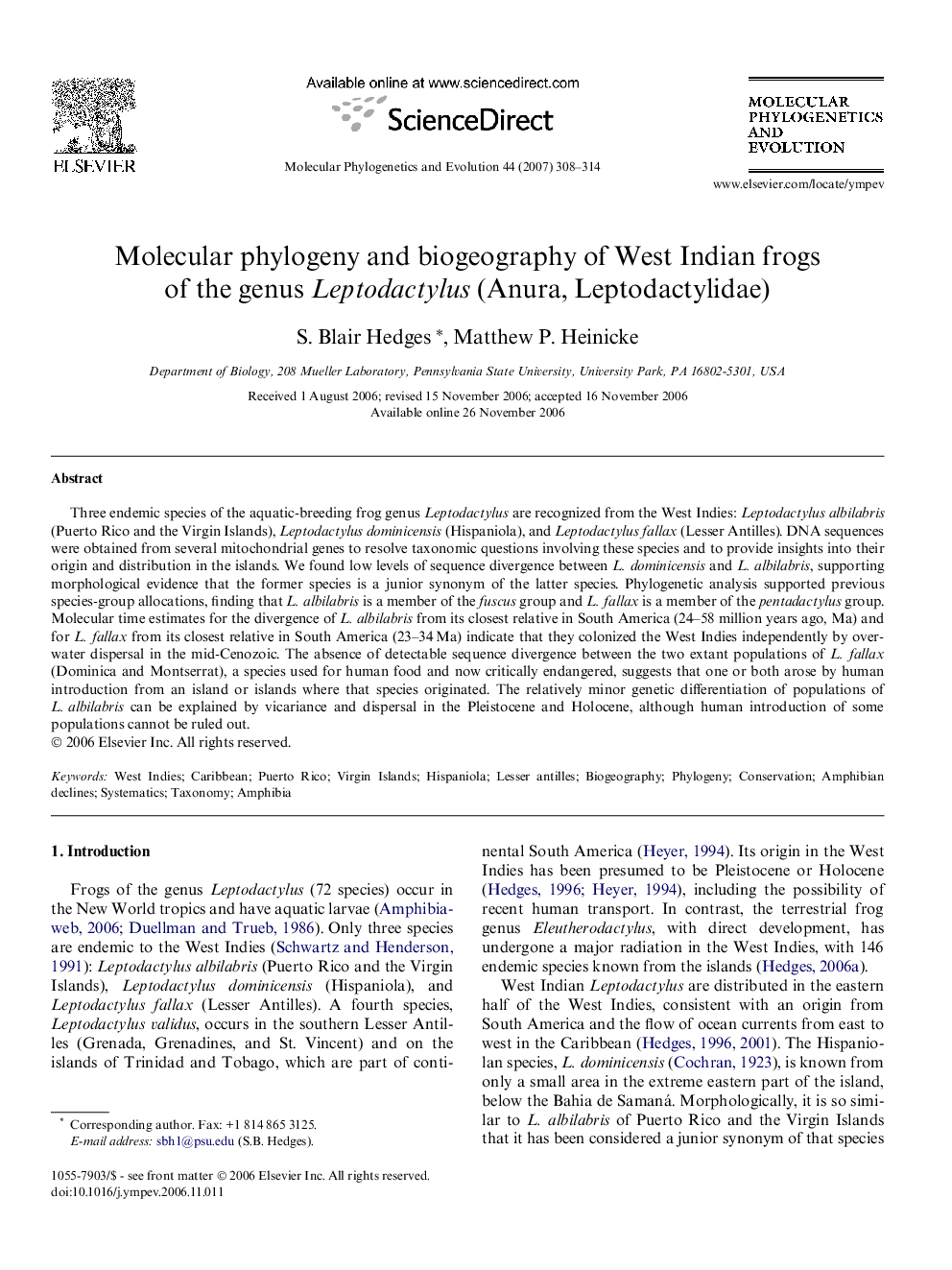 Molecular phylogeny and biogeography of West Indian frogs of the genus Leptodactylus (Anura, Leptodactylidae)