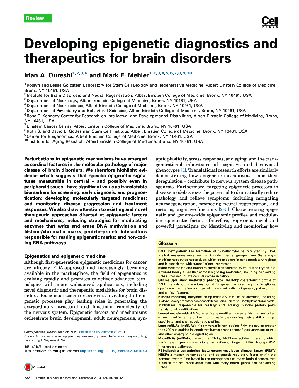 Developing epigenetic diagnostics and therapeutics for brain disorders