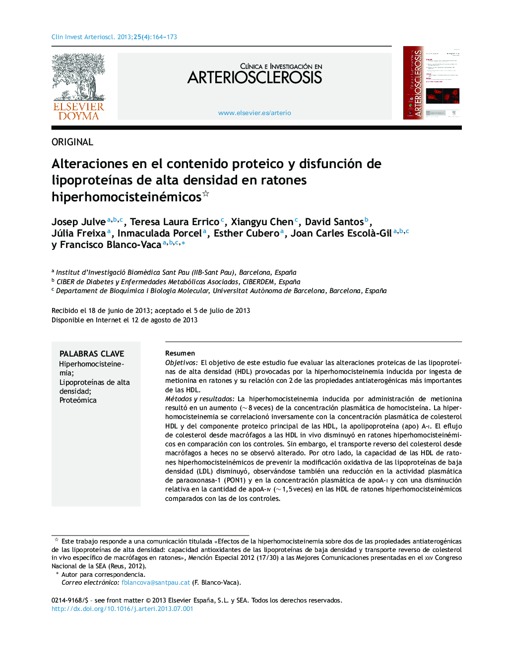 Alteraciones en el contenido proteico y disfunción de lipoproteÃ­nas de alta densidad en ratones hiperhomocisteinémicos