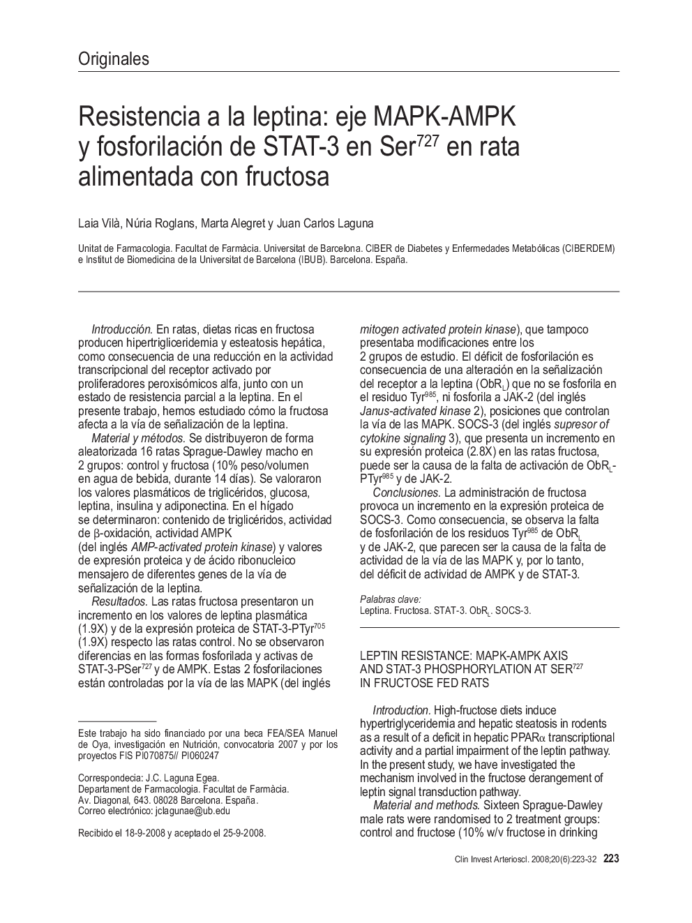 Resistencia a la leptina: eje MAPK-AMPK y fosforilación de STAT-3 en Ser727 en rata alimentada con fructosa *