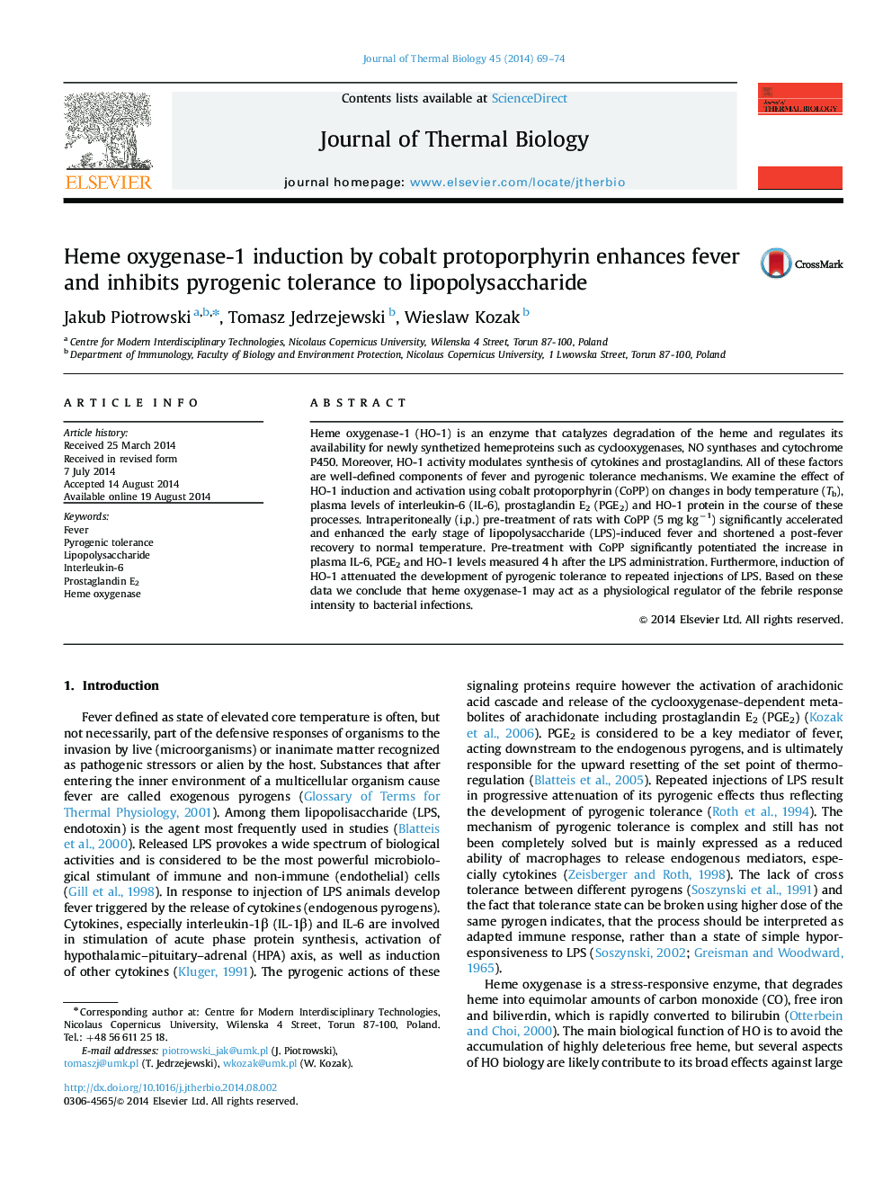 Heme oxygenase-1 induction by cobalt protoporphyrin enhances fever and inhibits pyrogenic tolerance to lipopolysaccharide