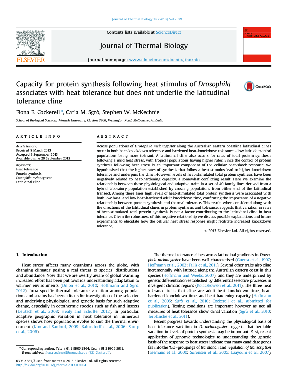 Capacity for protein synthesis following heat stimulus of Drosophila associates with heat tolerance but does not underlie the latitudinal tolerance cline