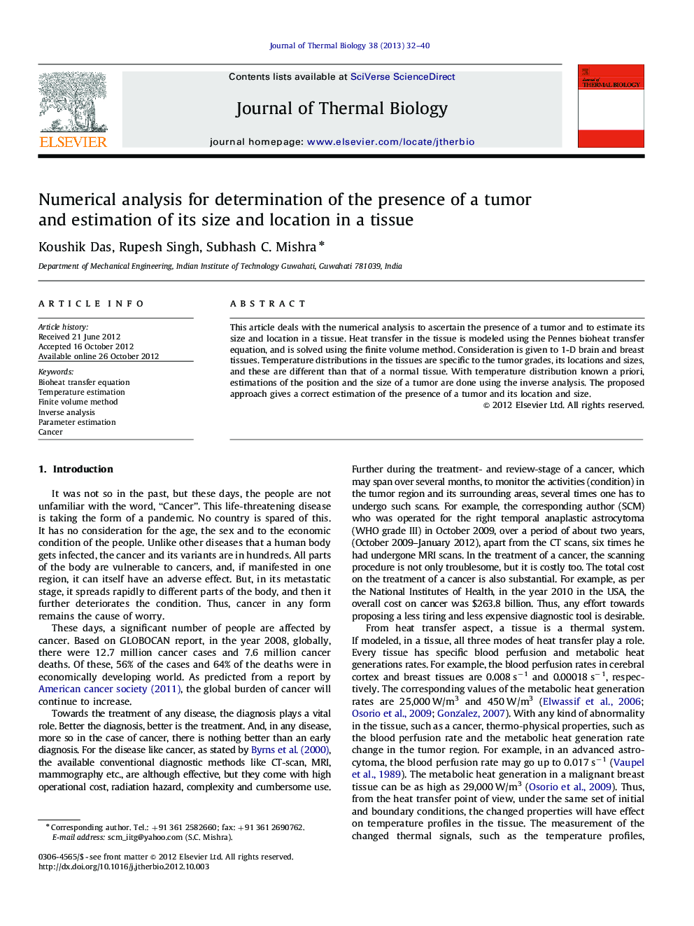 Numerical analysis for determination of the presence of a tumor and estimation of its size and location in a tissue