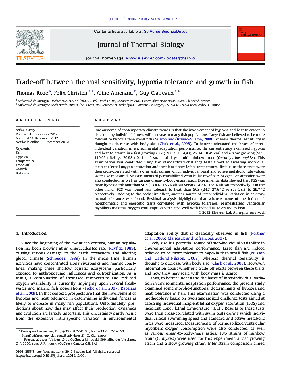 Trade-off between thermal sensitivity, hypoxia tolerance and growth in fish