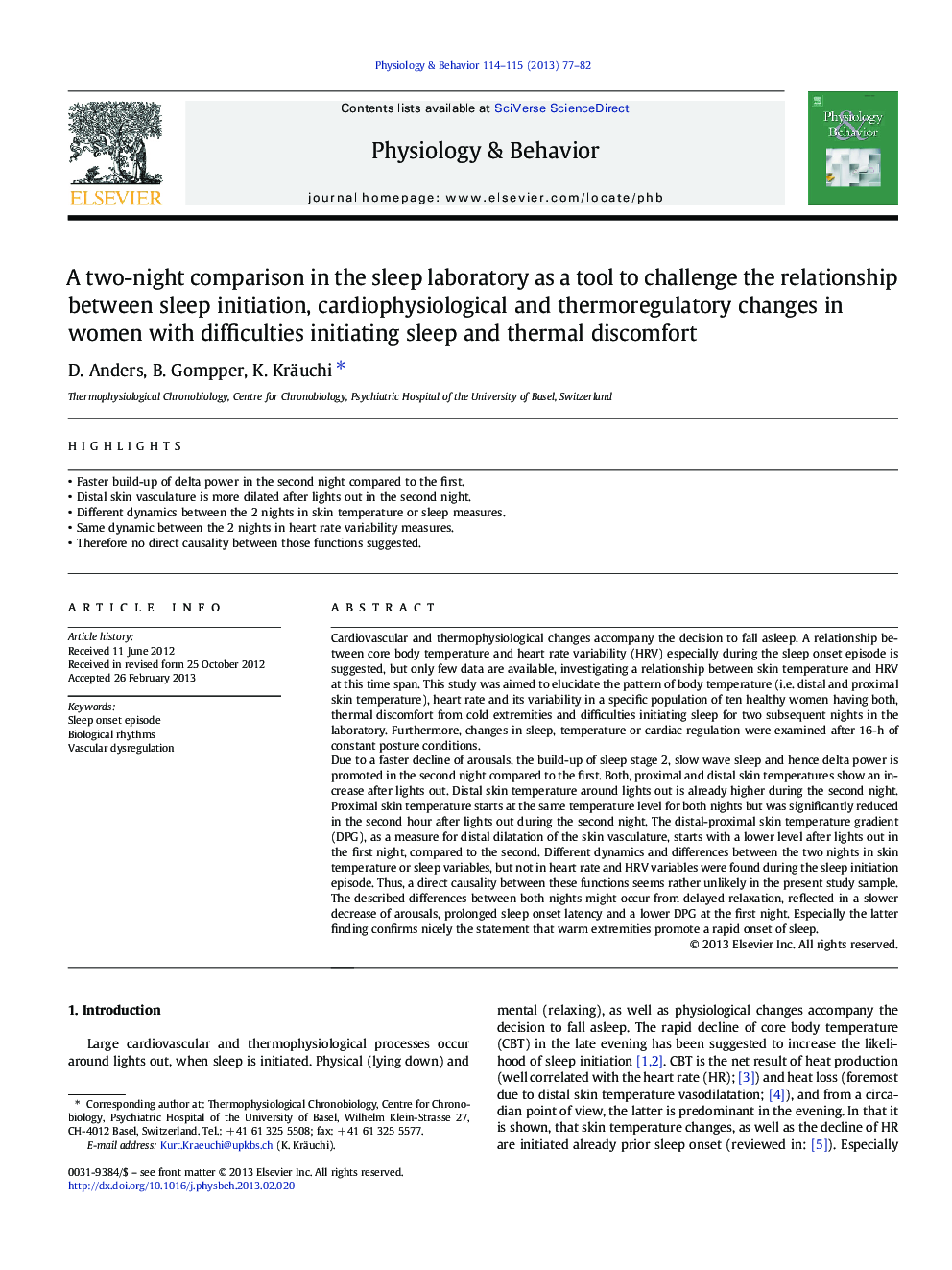 A two-night comparison in the sleep laboratory as a tool to challenge the relationship between sleep initiation, cardiophysiological and thermoregulatory changes in women with difficulties initiating sleep and thermal discomfort