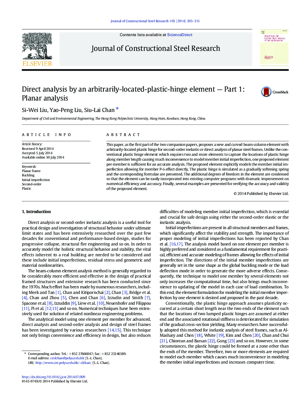 Direct analysis by an arbitrarily-located-plastic-hinge element — Part 1: Planar analysis