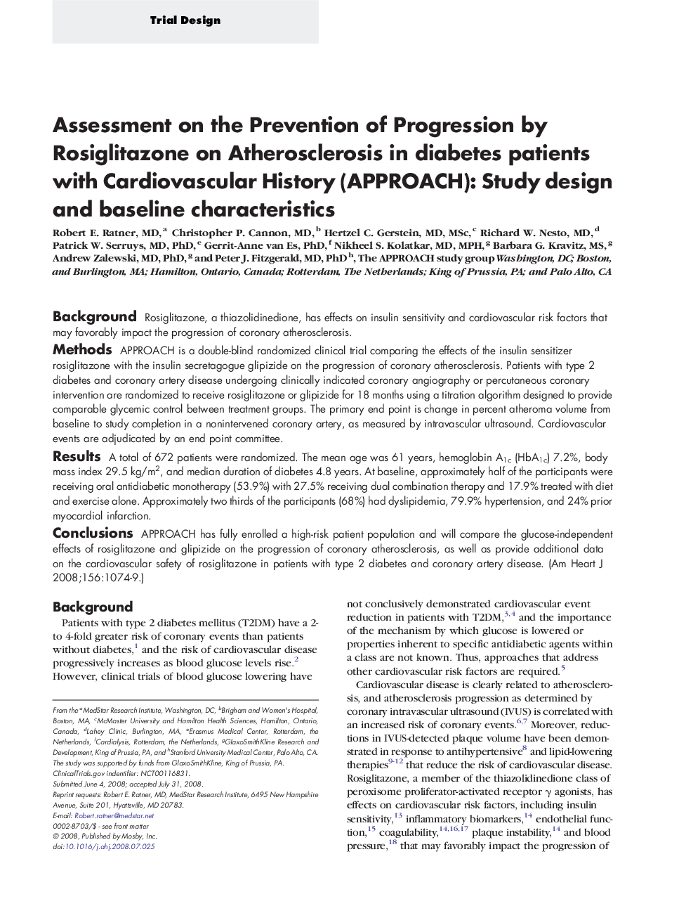 Assessment on the Prevention of Progression by Rosiglitazone on Atherosclerosis in diabetes patients with Cardiovascular History (APPROACH): Study design and baseline characteristics 