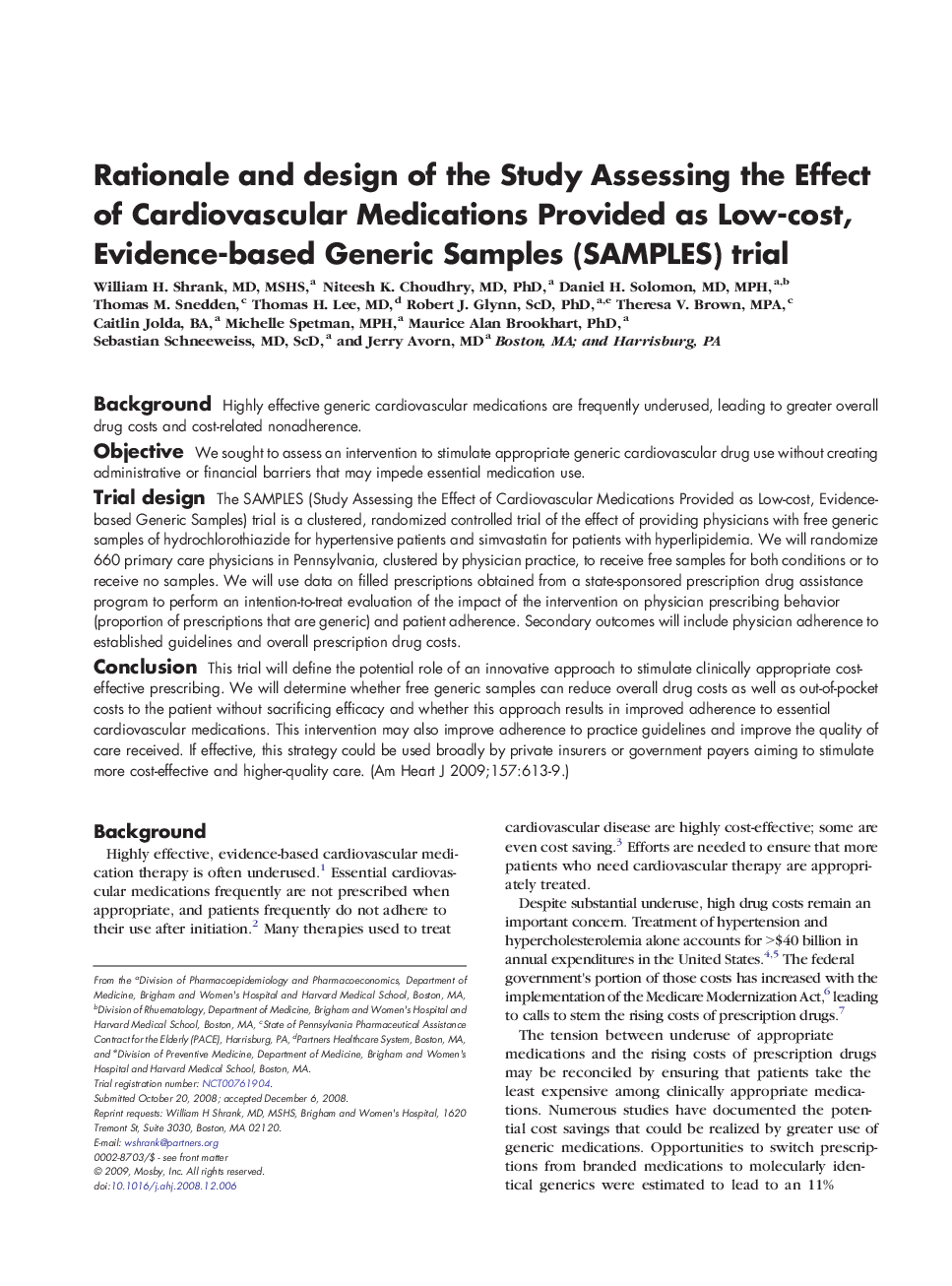 Rationale and design of the Study Assessing the Effect of Cardiovascular Medications Provided as Low-cost, Evidence-based Generic Samples (SAMPLES) trial 