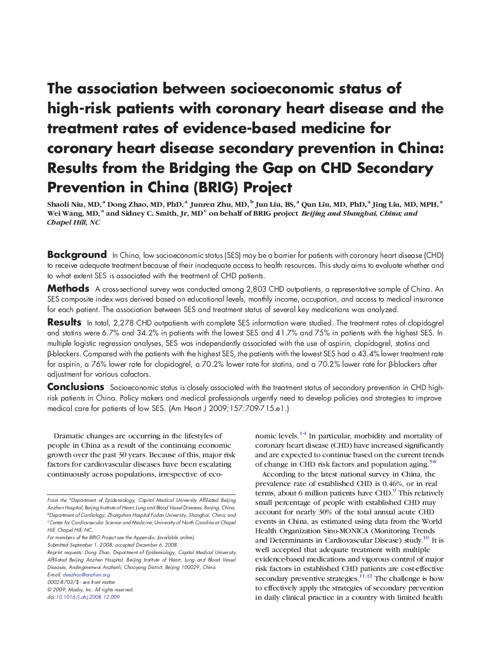 The association between socioeconomic status of high-risk patients with coronary heart disease and the treatment rates of evidence-based medicine for coronary heart disease secondary prevention in China: Results from the Bridging the Gap on CHD Secondary 