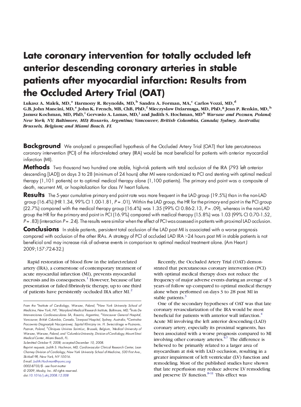 Late coronary intervention for totally occluded left anterior descending coronary arteries in stable patients after myocardial infarction: Results from the Occluded Artery Trial (OAT)