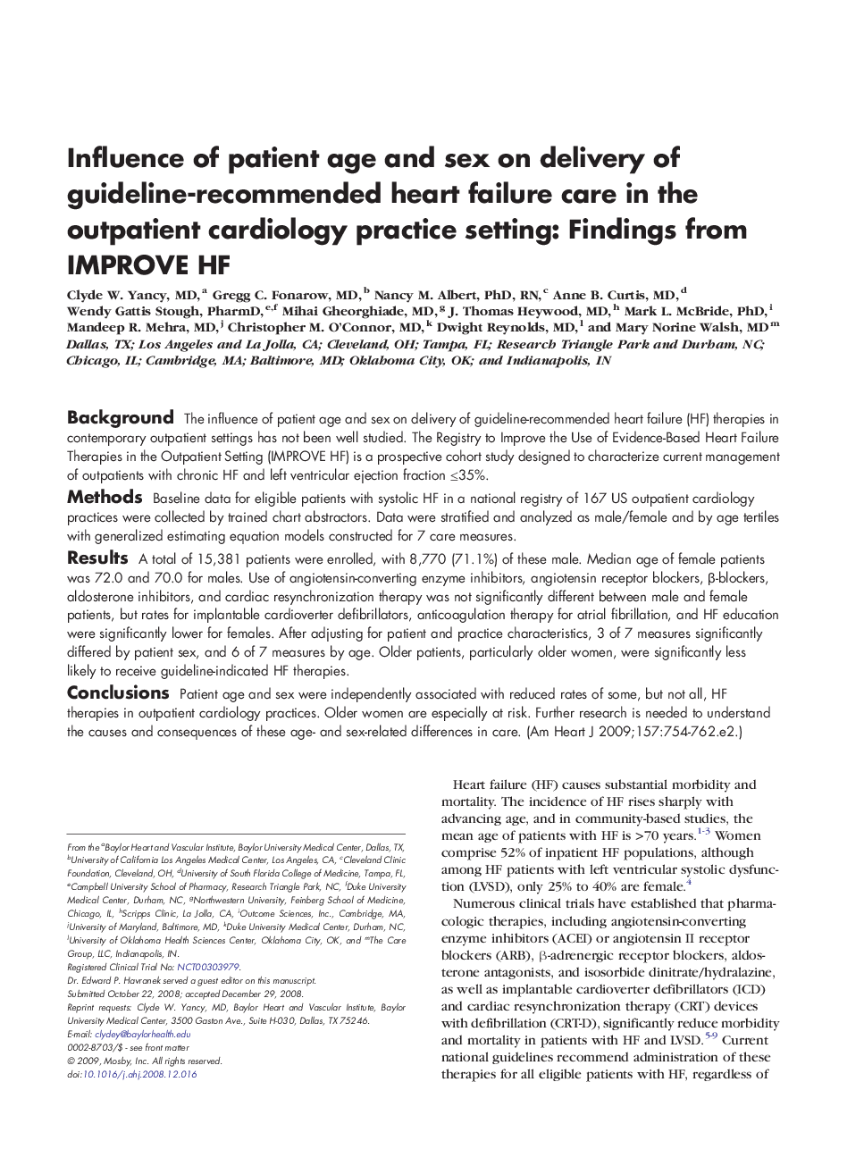 Influence of patient age and sex on delivery of guideline-recommended heart failure care in the outpatient cardiology practice setting: Findings from IMPROVE HF