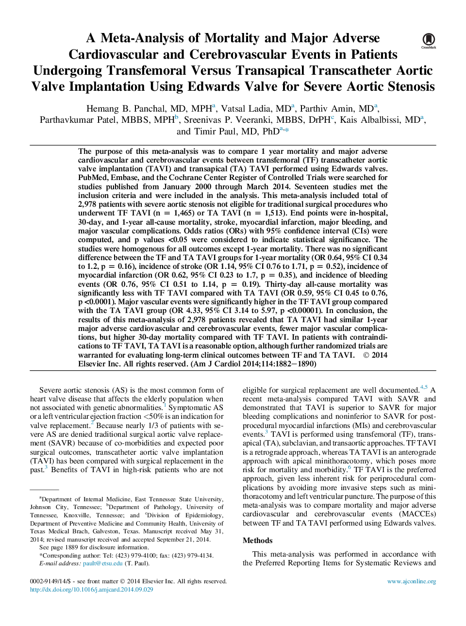 یک متاآنالیز مرگ و میر ناشی از رویدادهای قلبی عروقی و مغزی عاطفی در بیماران مبتلا به انتقال ترانسفیمورال نسبت به ترانسپاتال ترانس کاتاته دریچه آئورت با استفاده از شیر ادواردز برای تنگی آئورت شدید 