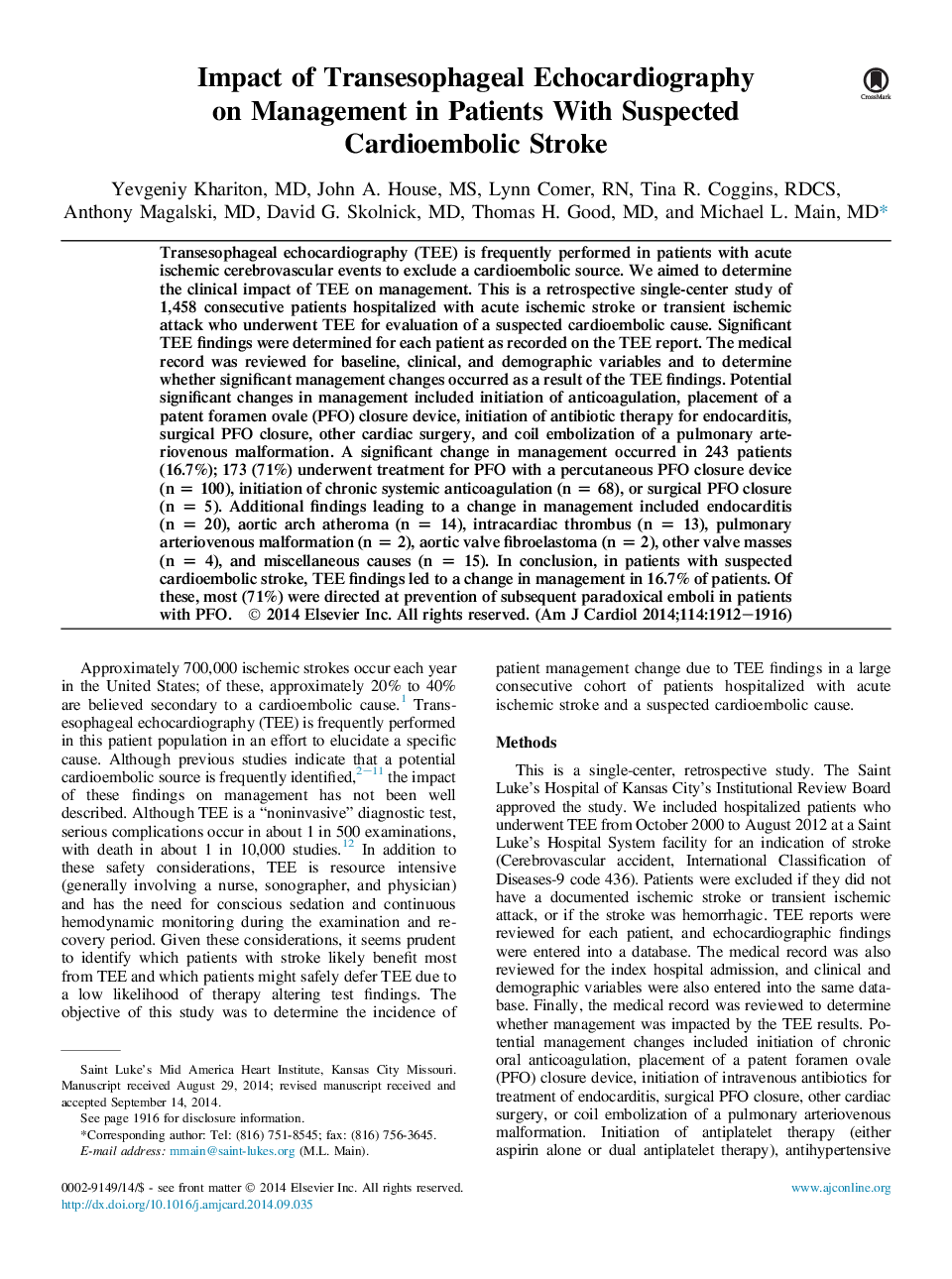 تأثیر اکوکاردیوگرافی رادیوتراپی در مدیریت بیماران مبتلا به سکته مغزی قلبی احتمالی 