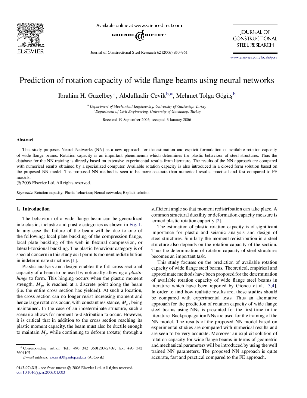 Prediction of rotation capacity of wide flange beams using neural networks