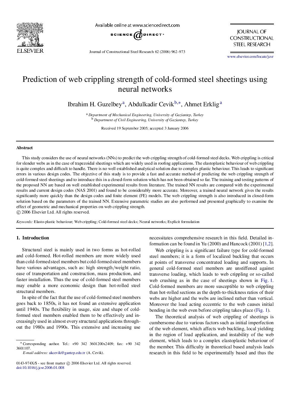 Prediction of web crippling strength of cold-formed steel sheetings using neural networks