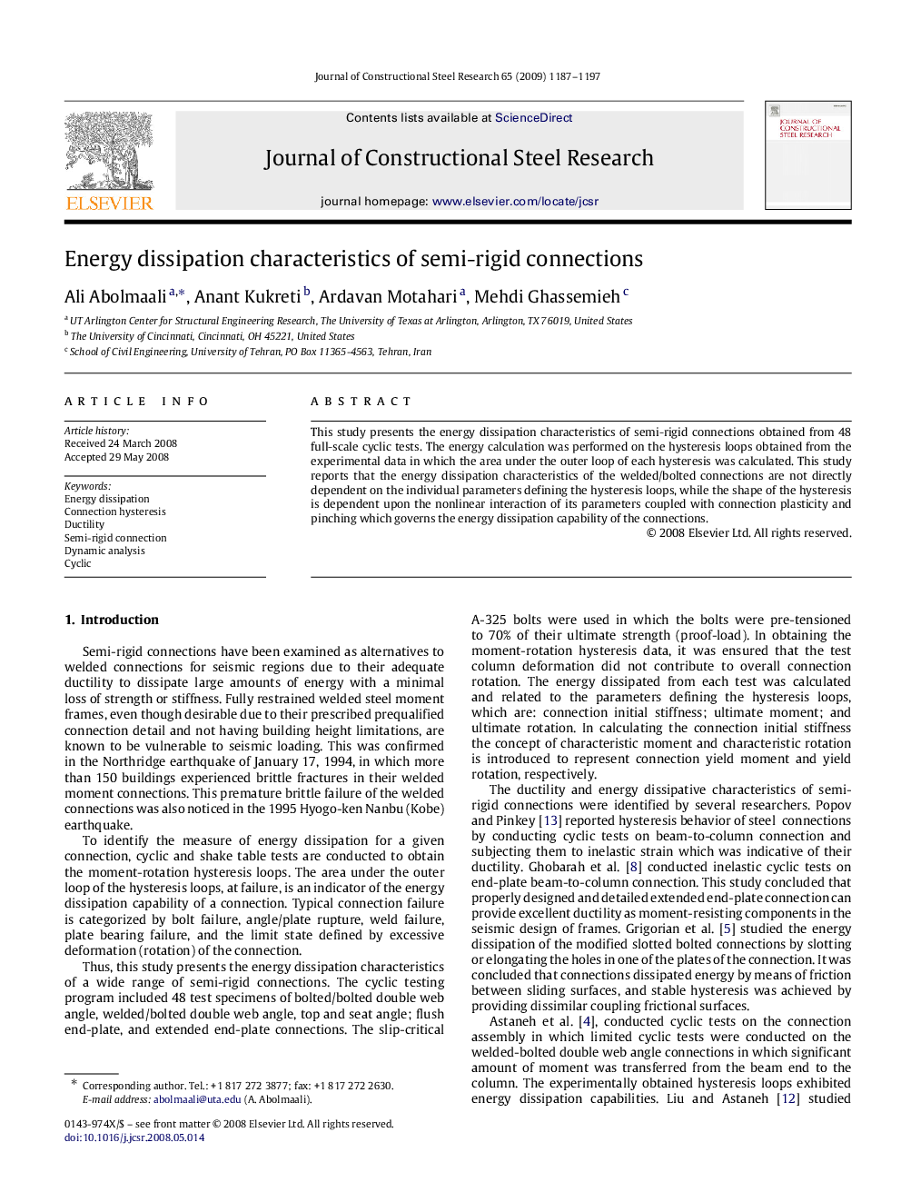 Energy dissipation characteristics of semi-rigid connections