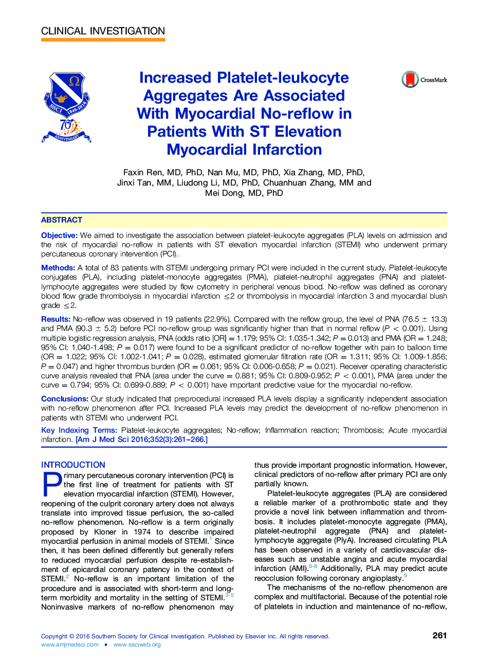 Increased Platelet-leukocyte Aggregates Are Associated With Myocardial No-reflow in Patients With ST Elevation Myocardial Infarction 