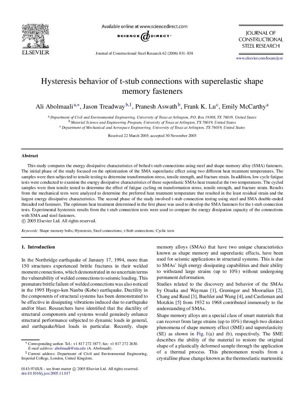 Hysteresis behavior of t-stub connections with superelastic shape memory fasteners