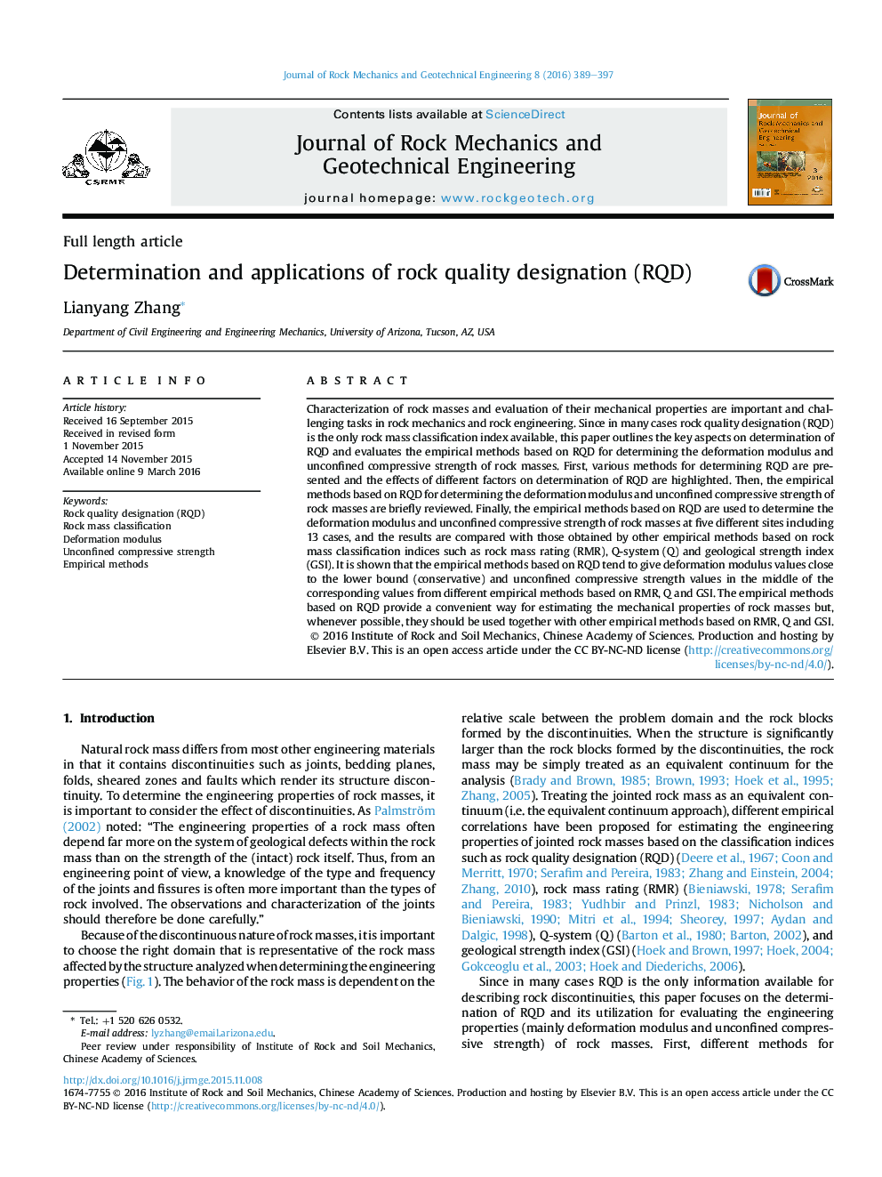 Determination and applications of rock quality designation (RQD) 