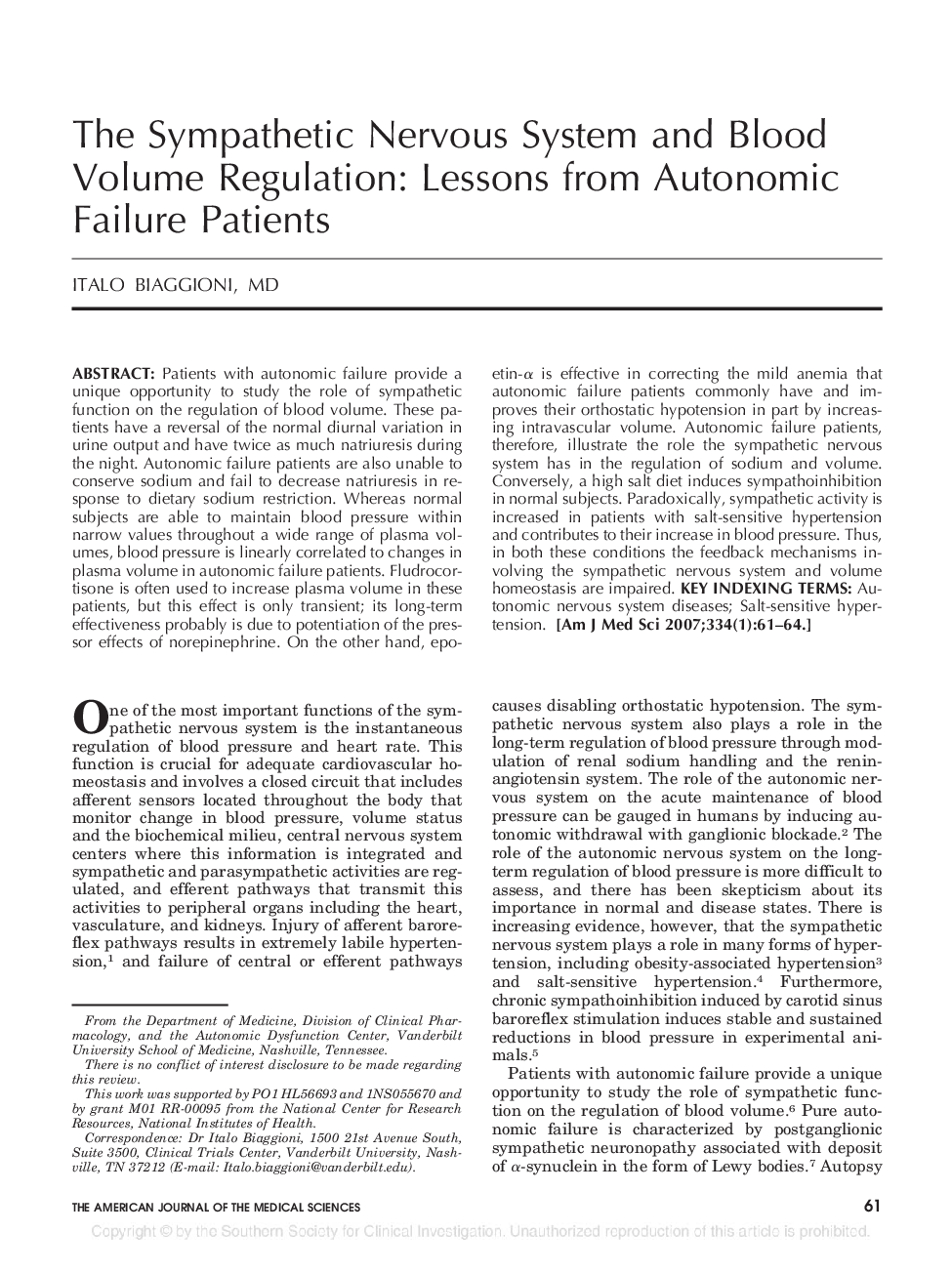 The Sympathetic Nervous System and Blood Volume Regulation: Lessons from Autonomic Failure Patients