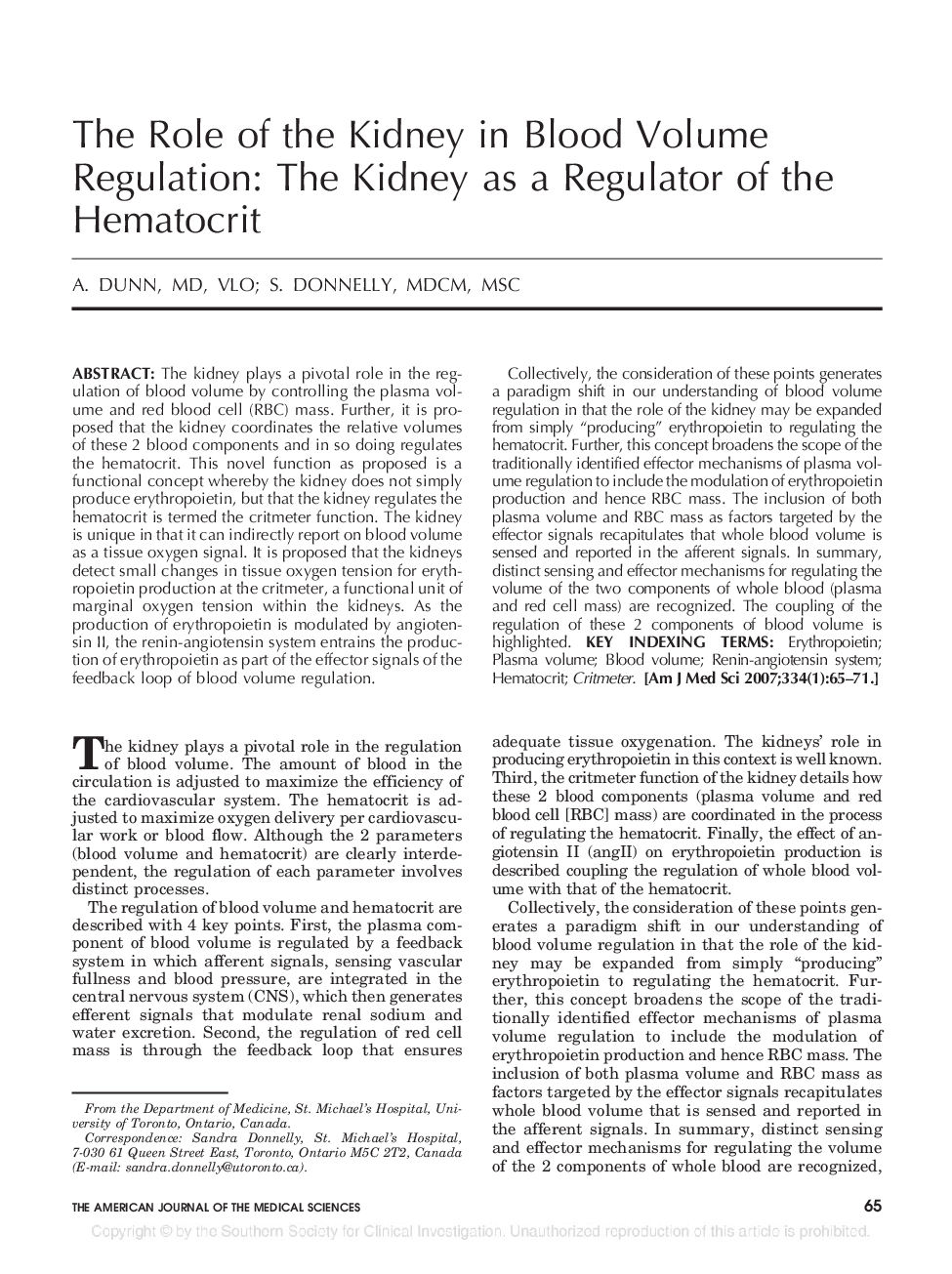 The Role of the Kidney in Blood Volume Regulation: The Kidney as a Regulator of the Hematocrit