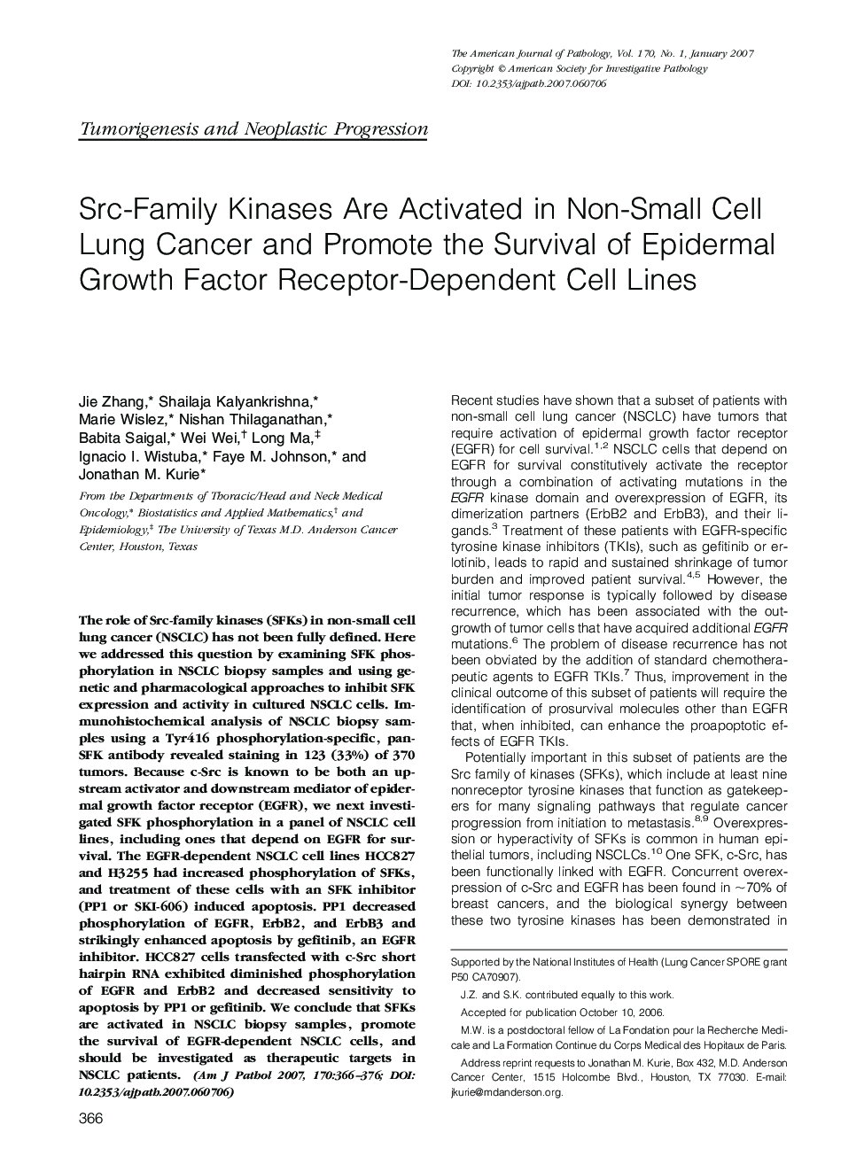 Src-Family Kinases Are Activated in Non-Small Cell Lung Cancer and Promote the Survival of Epidermal Growth Factor Receptor-Dependent Cell Lines 