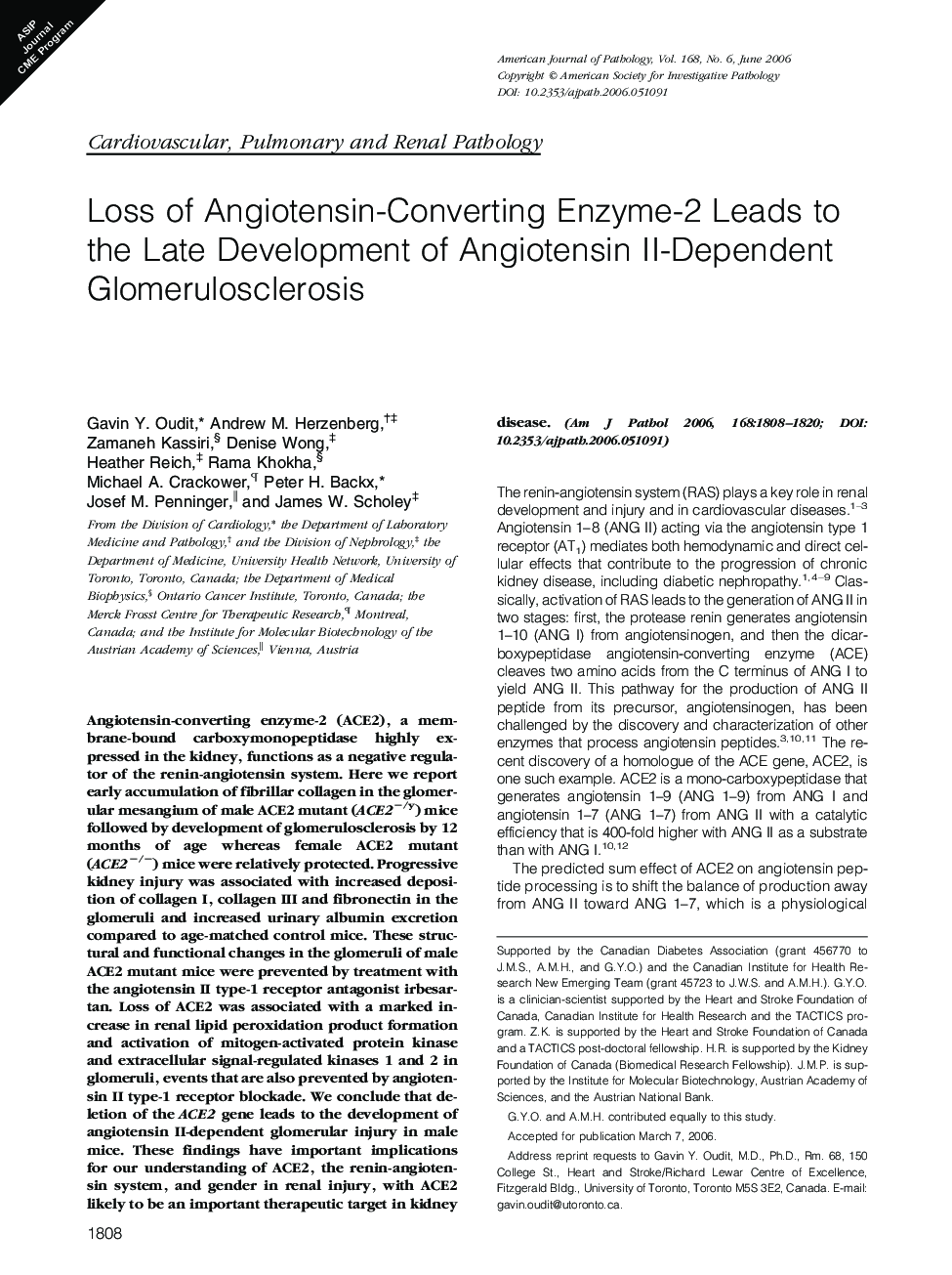 Loss of Angiotensin-Converting Enzyme-2 Leads to the Late Development of Angiotensin II-Dependent Glomerulosclerosis 
