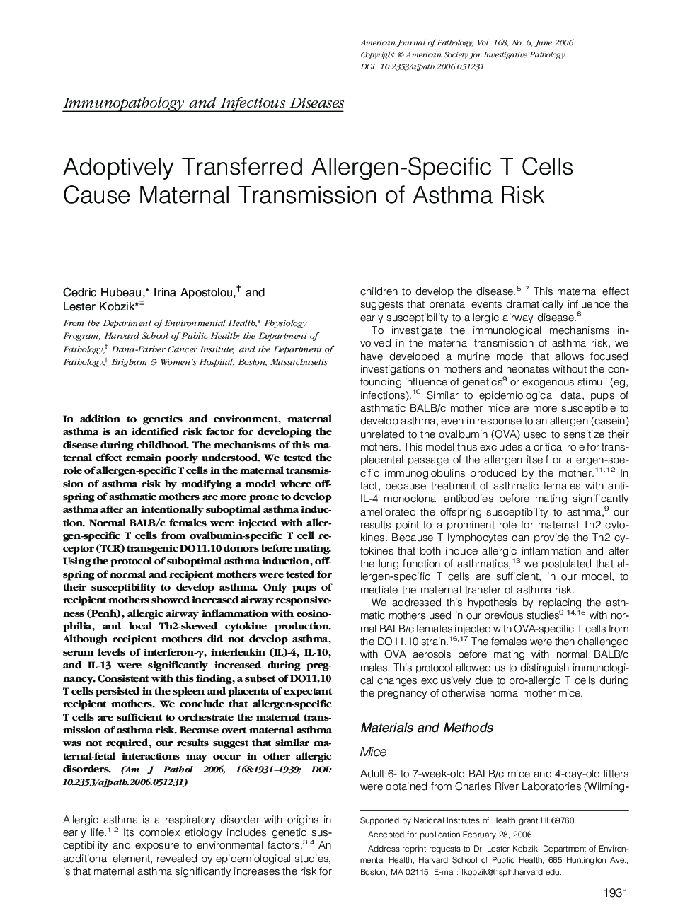 Adoptively Transferred Allergen-Specific T Cells Cause Maternal Transmission of Asthma Risk 